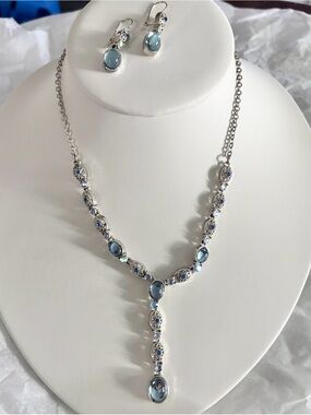 Avon Blue Cabochon & Aurora Borealis Y Necklace Earrings Set Silver Tone
